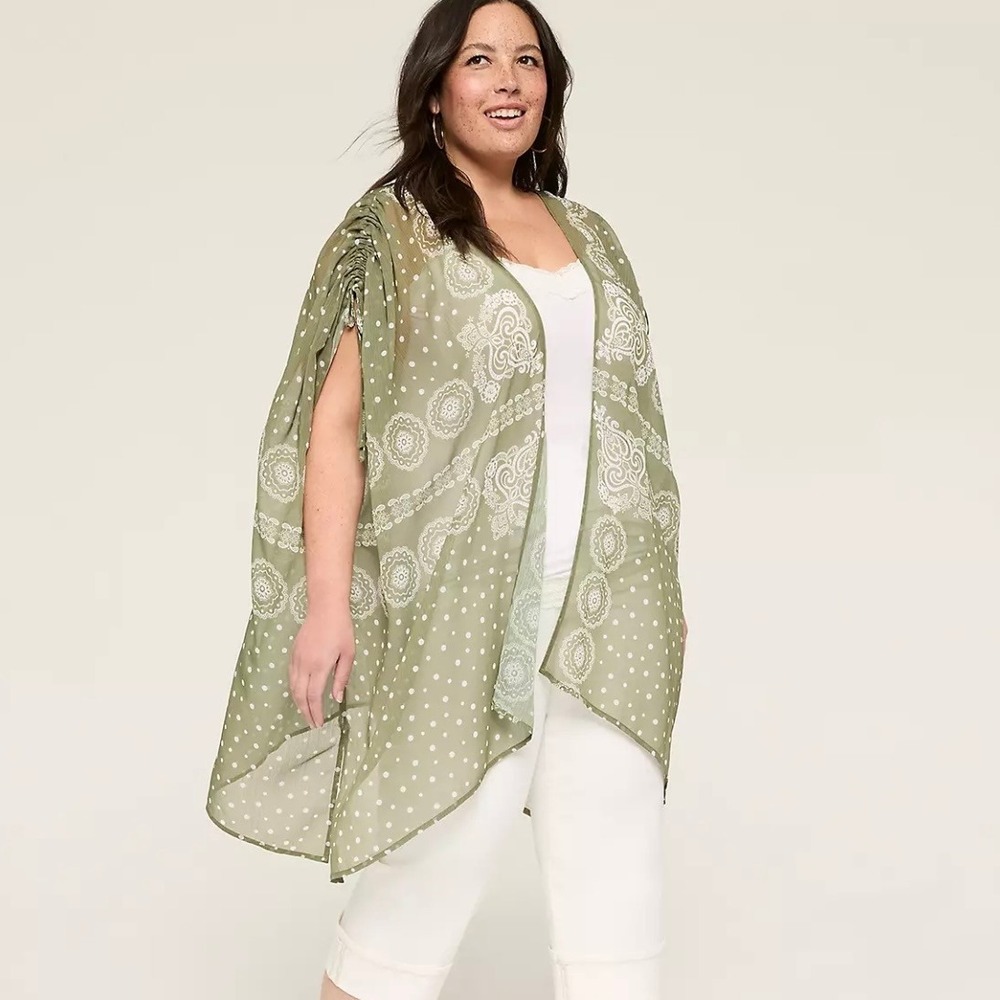 Olive Green Paisley Polka Dot Kimono Chiffon Coverup Plus Size O/S Lane Bryant